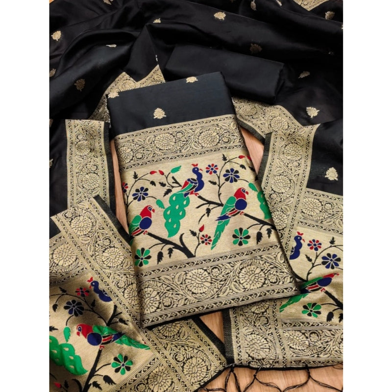 Mayawye Women's Banarasi Silk Printed Unstitched Salwar Suit Material With Dupatta (Black, 3Mtrs)