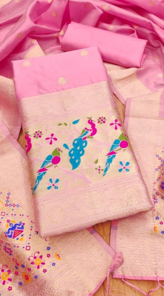 Mayawye Women's Banarasi Silk Printed Unstitched Salwar Suit Material With Dupatta (Light Pink, 3Mtrs)