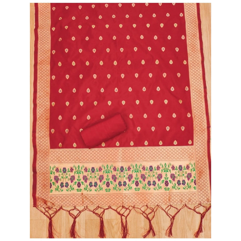 Mayawye Women's Banarasi Silk Printed Unstitched Salwar Suit Material With Dupatta (Red, 3Mtrs)
