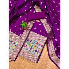 Mayawye Women's Banarasi Silk Printed Unstitched Salwar Suit Material With Dupatta (Purple, 3Mtrs)
