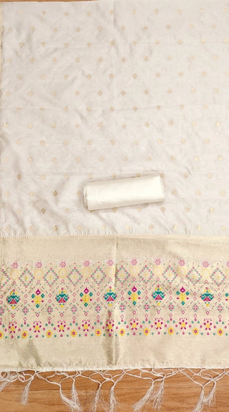 Mayawye Women's Banarasi Silk Printed Unstitched Salwar Suit Material With Dupatta (White, 3Mtrs)