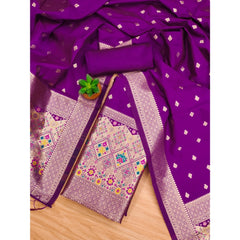 Mayawye Women's Banarasi Silk Printed Unstitched Salwar Suit Material With Dupatta (Purple, 3Mtrs)