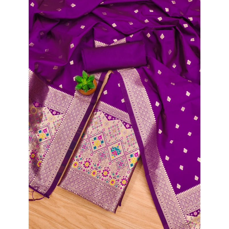 Mayawye Women's Banarasi Silk Printed Unstitched Salwar Suit Material With Dupatta (Purple, 3Mtrs)