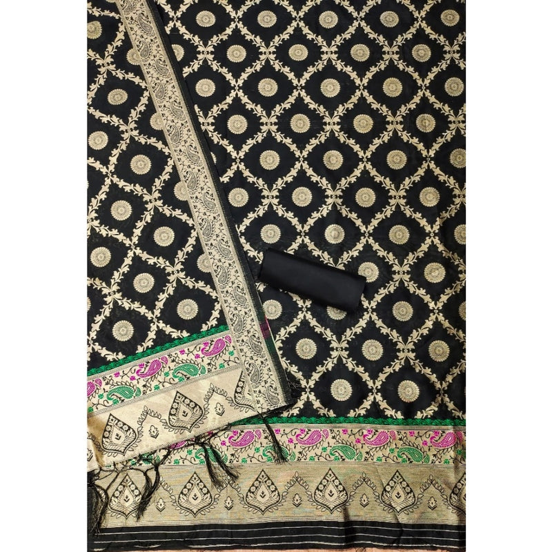 Mayawye Women's Banarasi Silk Printed Unstitched Salwar Suit Material With Dupatta (Black, 3Mtrs)