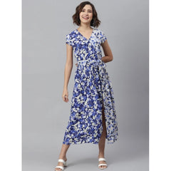 Mayawye Women's Polyester Floral V-Neck Short Sleeve Dress (Purple-White)