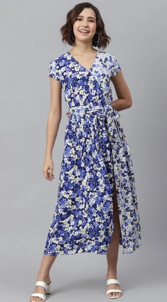 Mayawye Women's Polyester Floral V-Neck Short Sleeve Dress (Purple-White)