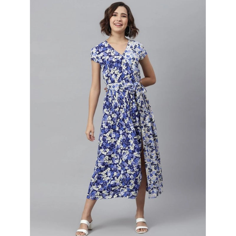 Mayawye Women's Polyester Floral V-Neck Short Sleeve Dress (Purple-White)