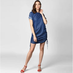 Mayawye Women's Denim Solid Close Neck Short Sleeve Dress (Blue)