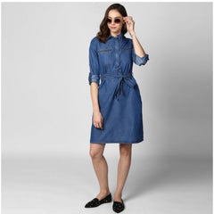 Mayawye Women's Denim Solid Collar Neck Roll Up Sleeve Dress (Blue)