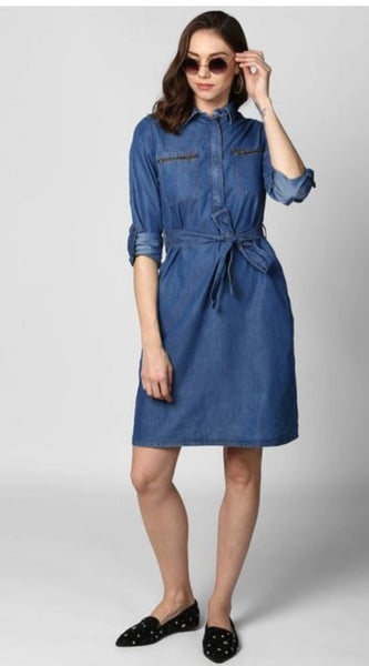 Mayawye Women's Denim Solid Collar Neck Roll Up Sleeve Dress (Blue)