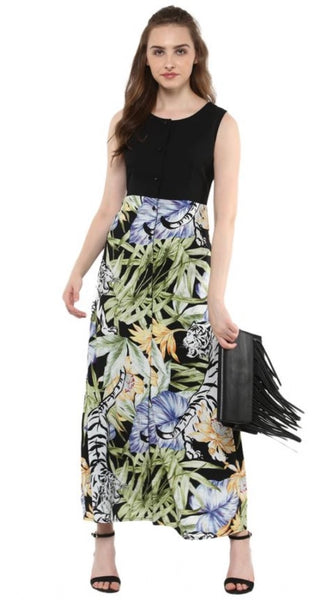 Mayawye Women's Rayon Floral Round Neck Sleeveless Dress (Multicolor)