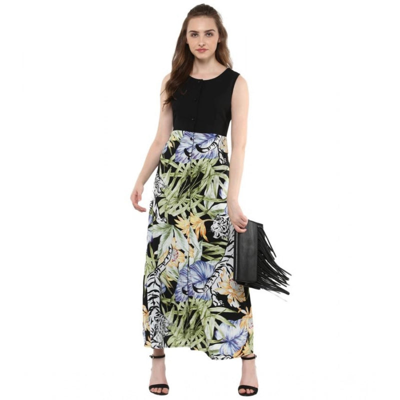 Mayawye Women's Rayon Floral Round Neck Sleeveless Dress (Multicolor)