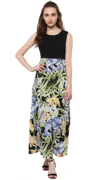 Mayawye Women's Rayon Floral Round Neck Sleeveless Dress (Multicolor)