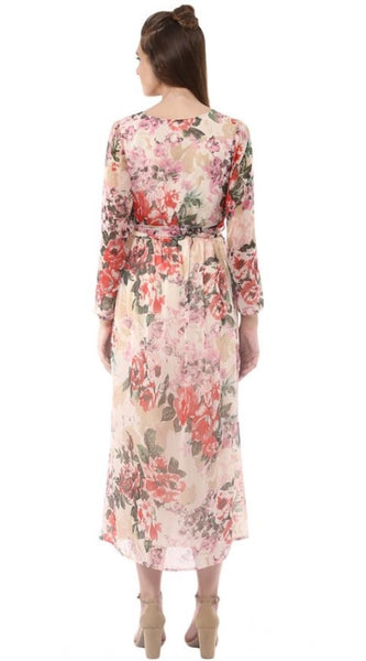 Mayawye Women's Chiffon Floral Round Neck Long Sleeves Dress (Multicolor)