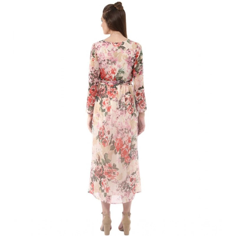 Mayawye Women's Chiffon Floral Round Neck Long Sleeves Dress (Multicolor)