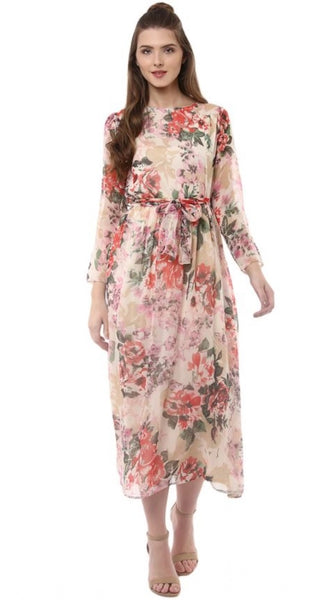 Mayawye Women's Chiffon Floral Round Neck Long Sleeves Dress (Multicolor)