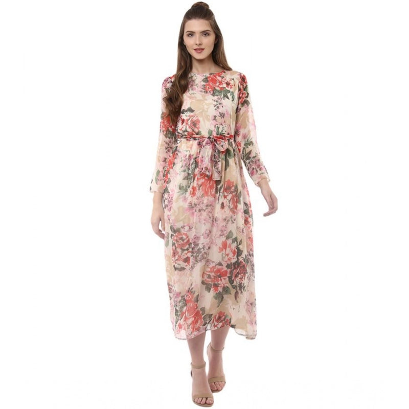 Mayawye Women's Chiffon Floral Round Neck Long Sleeves Dress (Multicolor)