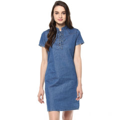 Mayawye Women's Denim Solid Tie-Up Neck Short Sleeve Dress (Blue)