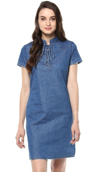 Mayawye Women's Denim Solid Tie-Up Neck Short Sleeve Dress (Blue)