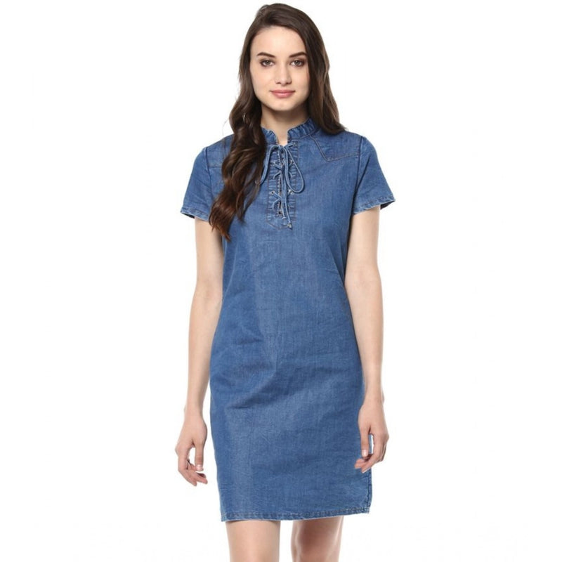 Mayawye Women's Denim Solid Tie-Up Neck Short Sleeve Dress (Blue)