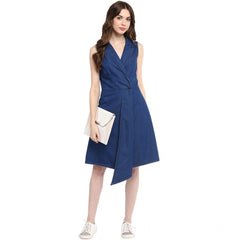 Mayawye Women's Denim Solid Collar Neck Sleeveless Dress (Blue)