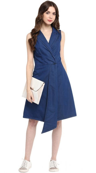 Mayawye Women's Denim Solid Collar Neck Sleeveless Dress (Blue)