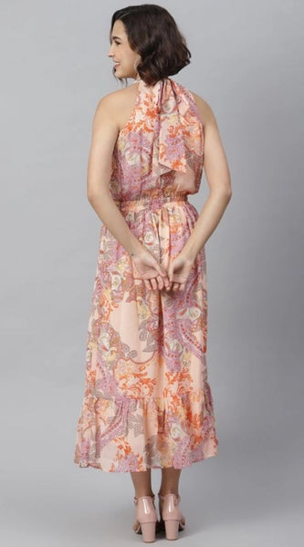 Mayawye Women's Polyester Maxi Halter Neck Sleeveless Dress (Peach)
