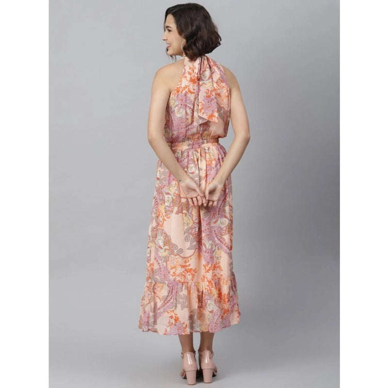 Mayawye Women's Polyester Maxi Halter Neck Sleeveless Dress (Peach)