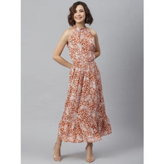 Mayawye Women's Polyester Printed Halter Neck Sleeveless Dress (Rust)