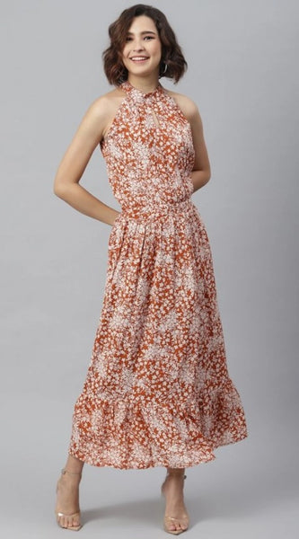 Mayawye Women's Polyester Printed Halter Neck Sleeveless Dress (Rust)