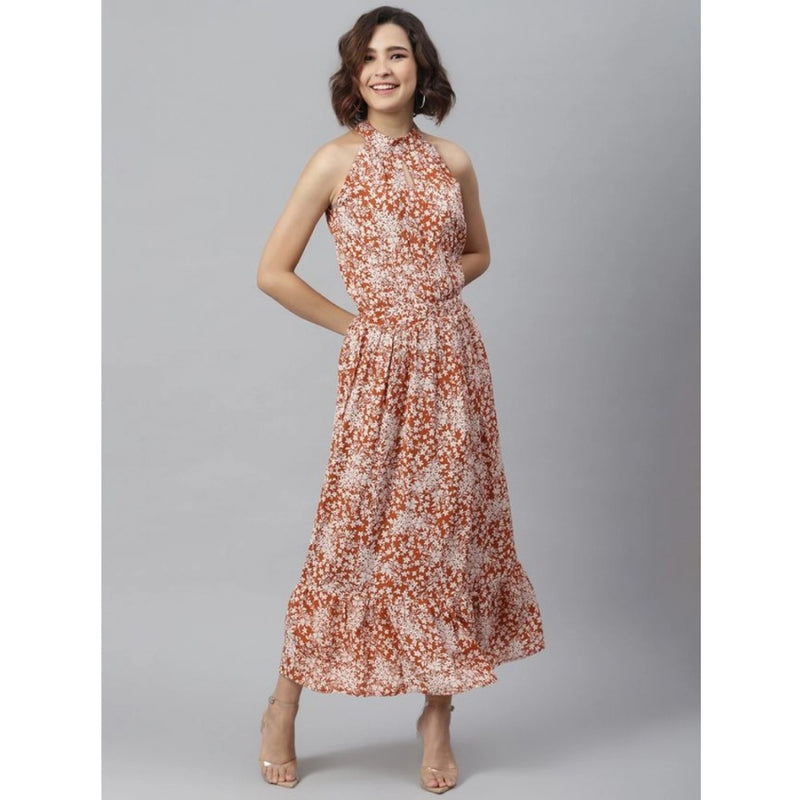 Mayawye Women's Polyester Printed Halter Neck Sleeveless Dress (Rust)