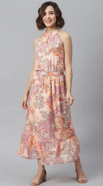 Mayawye Women's Polyester Maxi Halter Neck Sleeveless Dress (Peach)