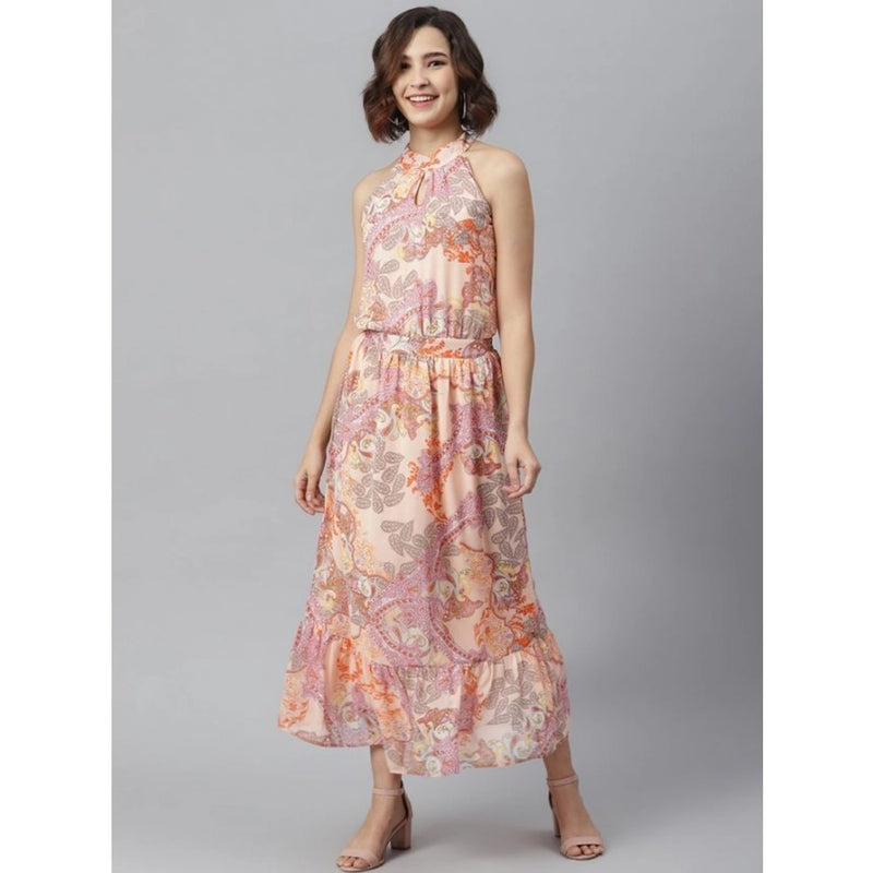 Mayawye Women's Polyester Maxi Halter Neck Sleeveless Dress (Peach)