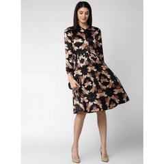 Mayawye Women's Polyester Pleated Collar Neck Long Sleeves Dress (Black)