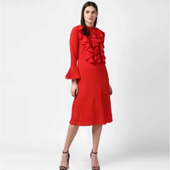 Mayawye Women's Polyester Ruffled Close Neck Long Sleeves Dress (Red)