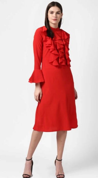 Mayawye Women's Polyester Ruffled Close Neck Long Sleeves Dress (Red)
