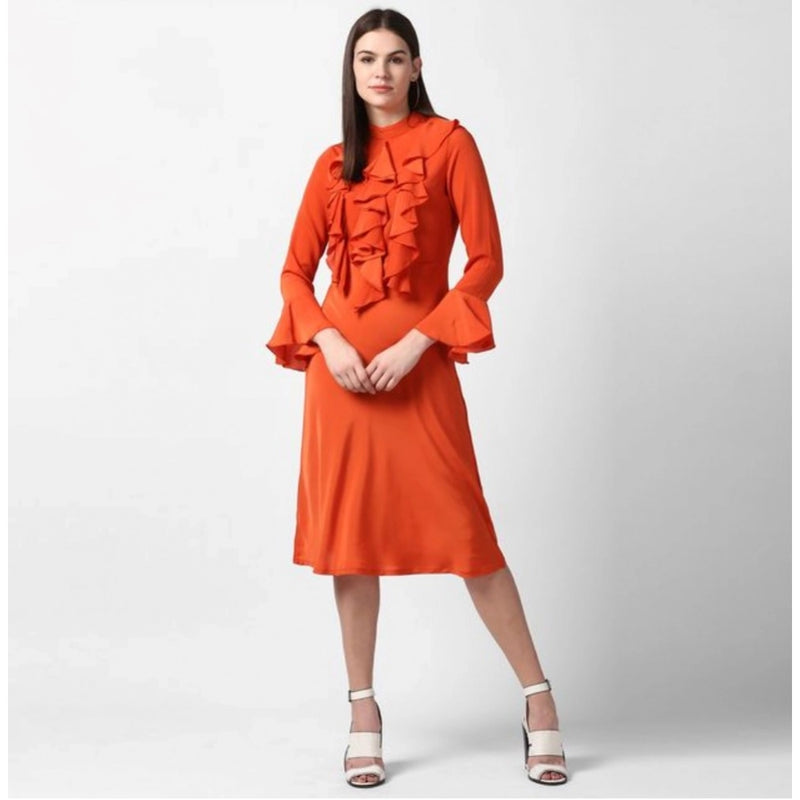 Mayawye Women's Polyester Ruffled Close Neck Long Sleeves Dress (Orange)