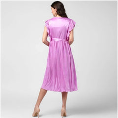Mayawye Women's Polyester Pleated V-Neck Flutter Dress (Lavender)