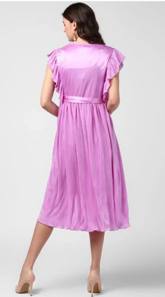 Mayawye Women's Polyester Pleated V-Neck Flutter Dress (Lavender)
