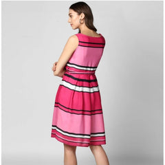 Mayawye Women's Polyester Striped Close Neck Sleeveless Dress (Pink)