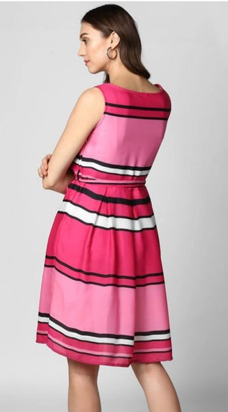 Mayawye Women's Polyester Striped Close Neck Sleeveless Dress (Pink)