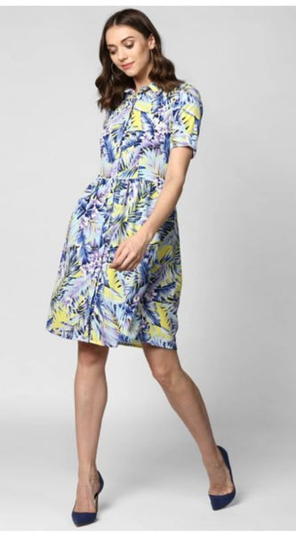 Mayawye Women's Polyester Floral Collar Neck Short Sleeve Dress (Blue-Yellow)