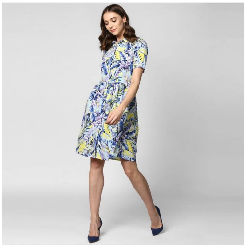Mayawye Women's Polyester Floral Collar Neck Short Sleeve Dress (Blue-Yellow)