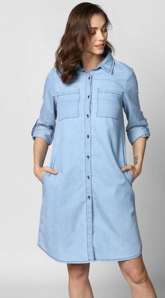 Mayawye Women's Denim Solid Collar Neck Roll Up Sleeve Dress (Blue)