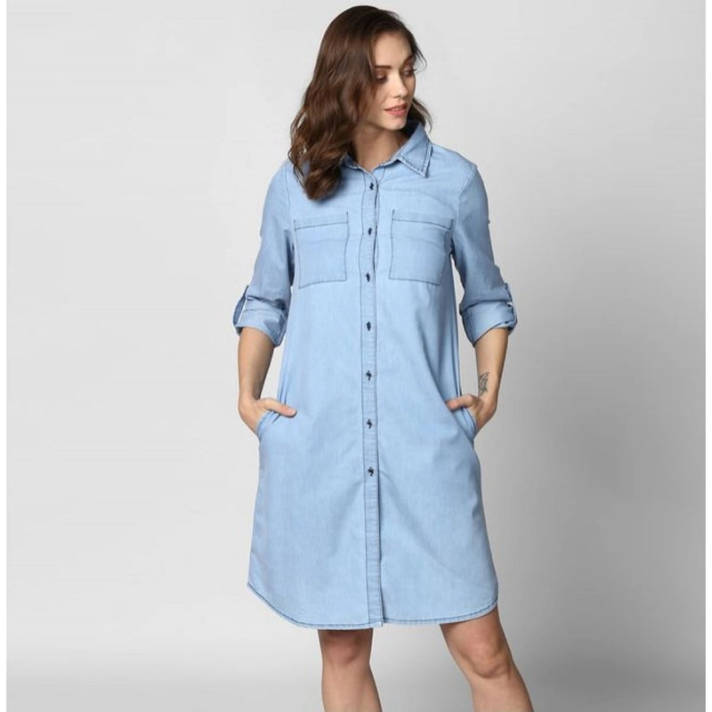 Mayawye Women's Denim Solid Collar Neck Roll Up Sleeve Dress (Blue)