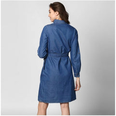 Mayawye Women's Denim Solid Collar Neck Roll Up Sleeve Dress (Blue)
