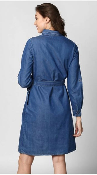 Mayawye Women's Denim Solid Collar Neck Roll Up Sleeve Dress (Blue)