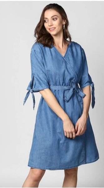 Mayawye Women's Denim Solid V-Neck Tie Ups Dress (Blue)