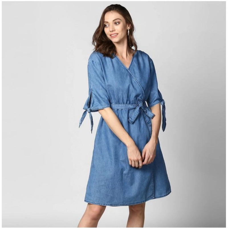 Mayawye Women's Denim Solid V-Neck Tie Ups Dress (Blue)