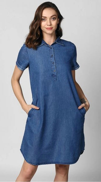 Mayawye Women's Denim Solid Collar Neck Short Sleeve Dress (Blue)